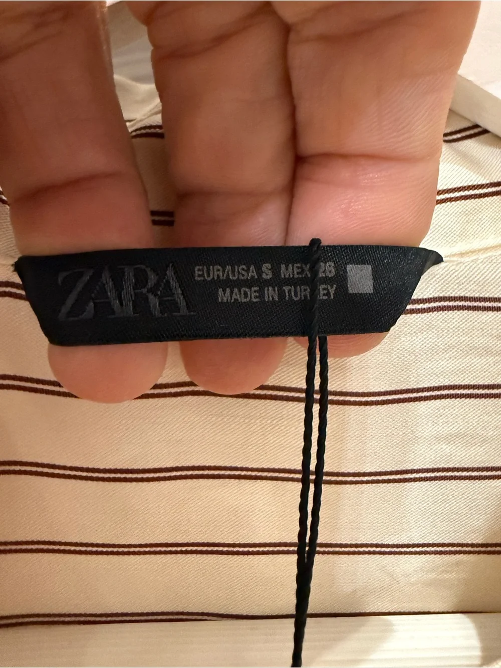Zara Cream Shirt with Brown Pinstripes w/Unique Button Cinch